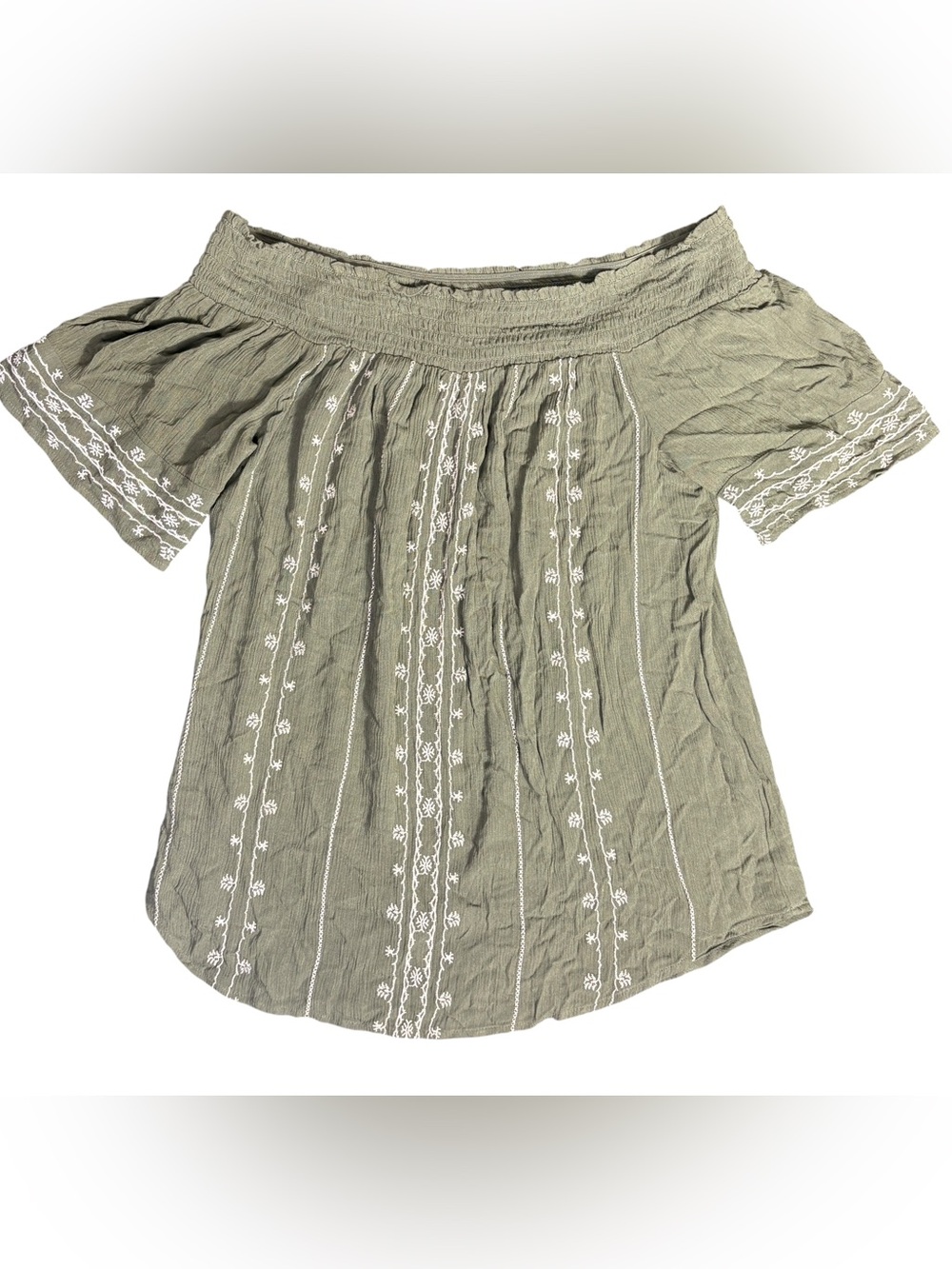 Knox Rose Olive Green Embroidered Boho Peasant Top Size Small